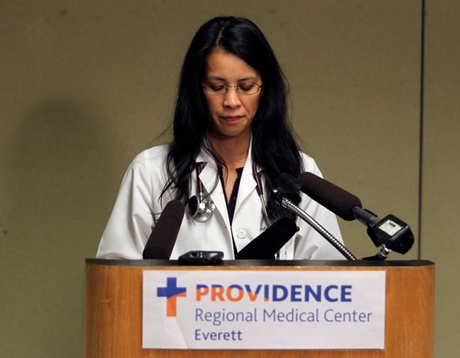 Critical care physician Dr. Anita Tsen announced, Friday, Oct. 31, 2014, that Shaylee Chuckulnaskit, died at Providence Regional Medical Center in Everett, Wash., due to injuries sustained in the Marysville-Pilchuck High School shooting a week ago. She is the fourth student involved in the shooting to die. (AP Photo/The Herald, Genna Martin)