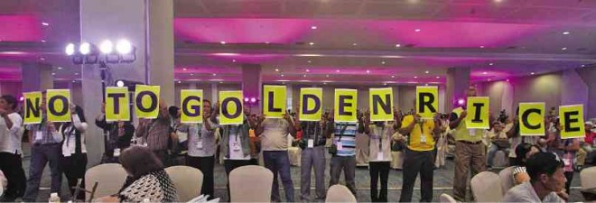 PROTESTERS raise placards spelling out their opposition to the commercial production of a genetically modified variety of rice during a forum in Davao City. INQUIRER MINDANAO