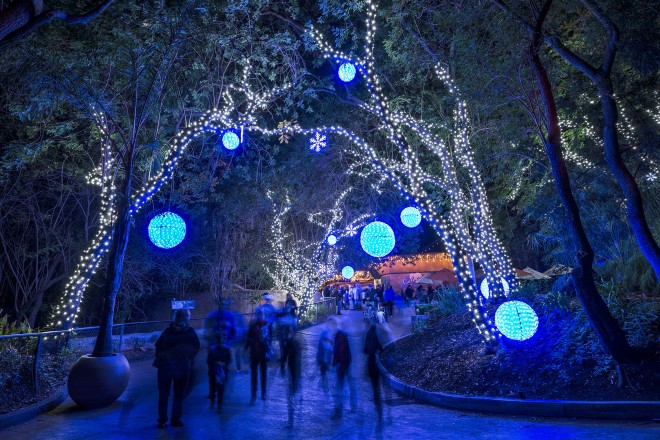 In this Friday, Nov. 28, 2014 photo provided by the Los Angeles Zoo, guests view the first night of a lighted adventure, the inaugural "L.A. Zoo Lights" experience. The holiday season show transforms the zoo from its daytime persona to a nighttime environment of a series of animal escapades rendered in led lights, lasers, 3D projections, spectacular sets and interactive displays. Guests take a self-guided 60- to 90-minute tour through select areas of the zoo while the animals themselves are asleep. A troop of animated LED "monkeys" guide visitors to an illuminated "Reggie the alligator," an origami "rhino," singing “elephants,” and a party of musical pink "flamingos" and their DJ leader, among others. The show is open nightly through Jan. 4 except Christmas Eve and Christmas Day.(AP Photo/Los Angeles Zoo, Jamie Pham)