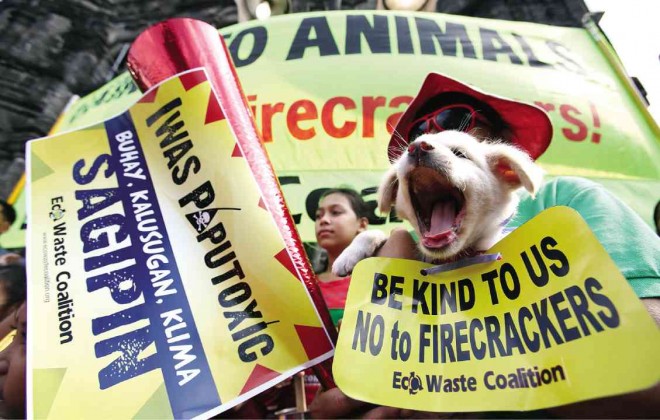 Animal welfare advocates gather at Malate church to appeal against the use of firecrackers on Sunday. NIÑO JESUS ORBETA