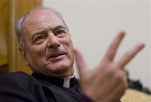 In this picture taken on Monday, Dec. 1, 2014, the head of the pontifical academy, Bishop Marcelo Sanchez Sorondo speaks during an interview with the Associated Press at the Vatican. AP