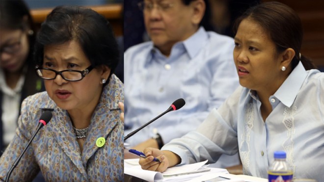 SEEING RED “Those were red flags, not audit findings,” Commission on Audit Chair Grace Pulido-Tan tells Sen. Nancy Binay (right), who requested highlights of the COA findings on other government agencies that allegedly received kickbacks from the Malampaya Fund during yesterday’s Senate hearing on the alleged P900-million scam. NIÑO JESUS ORBETA