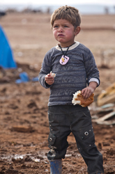 In this Saturday, Nov. 22, 2014 photo, a young boy eats bread at his family's makeshift home on the buffer zone near the Turkish border in Kobani, Syria. AP