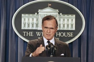 In this Thursday, May 11, 1989, file photo, President George H.W. Bush briefs reporters at the White House in Washington. AP