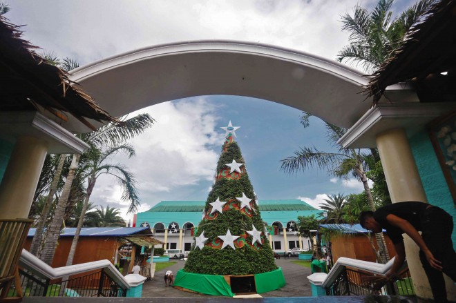 GOING GREEN A 40-foot Christmas tree made from 3,000 bags of camote tops is displayed at Peñaranda Park in front of the provincial capitol of Albay. MARK ALVIC ESPLANA 