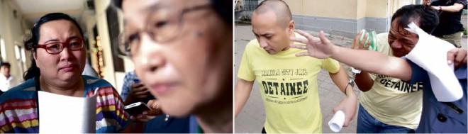 A TEARY-EYED Emily Chuang (left), mother of kidnap victim Eunice Chuang, faces reporters with Movement for Restoration of Peace and Order founder Teresita Ang See after the suspects in the case (right),  Francis Canoza and Monico Santos (face partly hidden) were found guilty of the crimes of kidnapping and double homicide.  NIÑO JESUS ORBETA