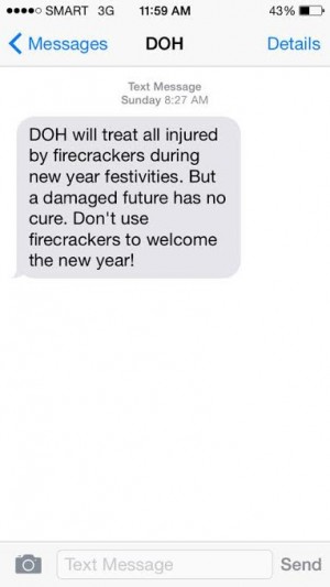 The Department of Health has been sending text messages warning against the adverse effects of firecrackers. Photo screen grabbed by Anthony Esguera