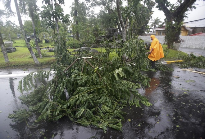 A policeman carries a tree branch that fell due to strong winds brought by Typhoon Hagupit in Legazpi, Albay province, eastern Philippines Sunday, Dec. 7, 2014. Typhoon Hagupit slammed into the central Philippines' east coast late Saturday, knocking out power and toppling trees in a region where 650,000 people have fled to safety, still haunted by the massive death and destruction wrought by a monster storm last year. (AP Photo/Aaron Favila)