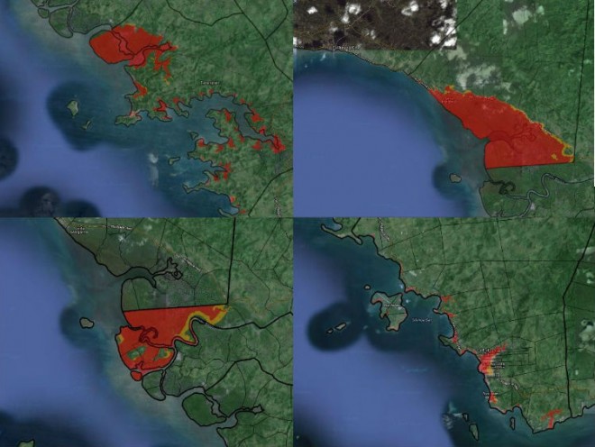Storm surge simulation for the towns of (clockwise from upper left) Tarangnan, Sta. Margarita, Catbalogan and Gandara.  Image from Project NOAH.
