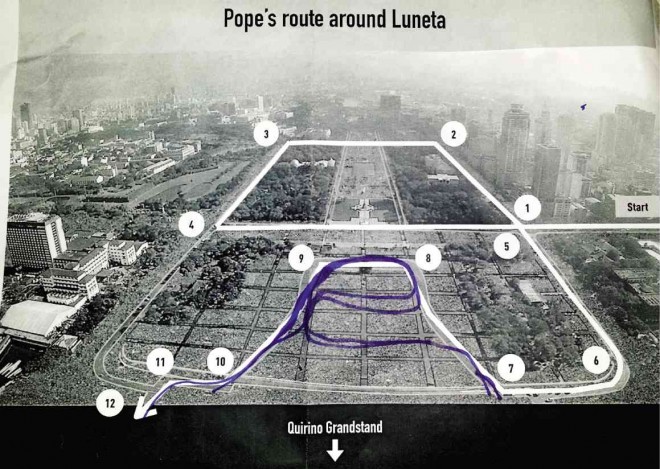 U-TURN AIN’T ENOUGH A map presented by the police on Thursday shows the crowd-control scheme at Rizal Park for the Jan. 18 Mass of Pope Francis, whose motorcade route has been changed—from U to S-shaped—for longer and closer exposure to the public. PHOTO COURTESY OF PNP 