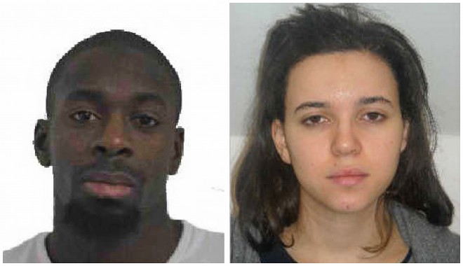Amedy Coulibaly (left) and Hayat Boumeddiene, two suspects named by police as accomplices in a kosher market attack on the eastern edges of Paris on Friday, January 9. AP
