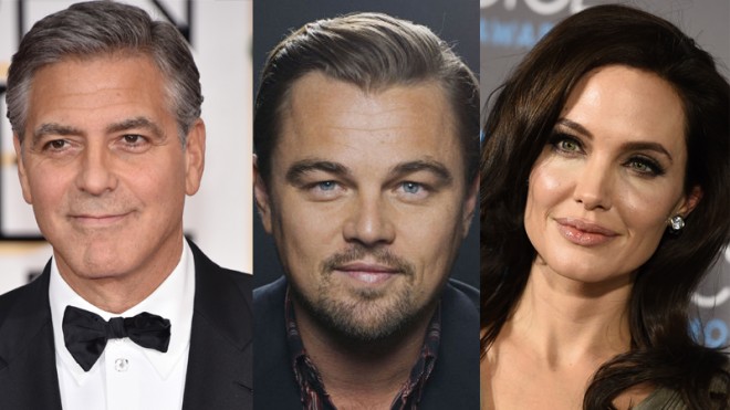 George Clooney, Leonardo DiCaprio, Angelina Jolie. AP photos