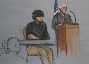 In this courtroom sketch, Boston Marathon bombing suspect Dzhokhar Tsarnaev, left, is depicted beside U.S. District Judge George O'Toole Jr., right, as O'Toole addresses a pool of potential jurors in a jury assembly room at the federal courthouse Monday, Jan. 5, 2015, in Boston. Tsarnaev is charged with the April 2013 attack that killed three people and injured more than 260. His trial is scheduled to begin on Jan. 26, 2015. He could face the death penalty if convicted.  (AP Photo/Jane Flavell Collins)