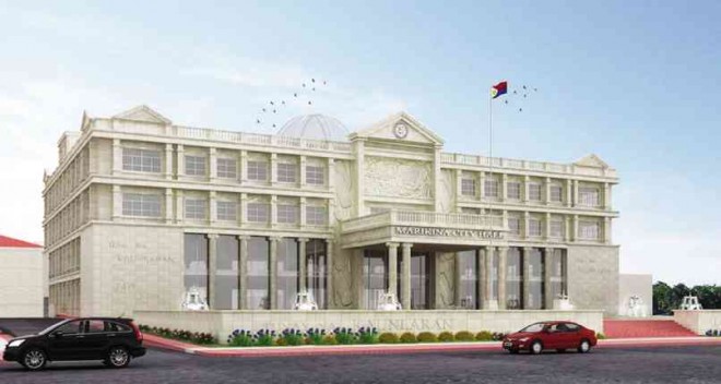 DISASTER-READY  Designers of the future four-story Marikina City Hall, here rendered by an artist, factor in the unprecedented flood level recorded during the 2009 onslaught of Typhoon “Ondoy.” 