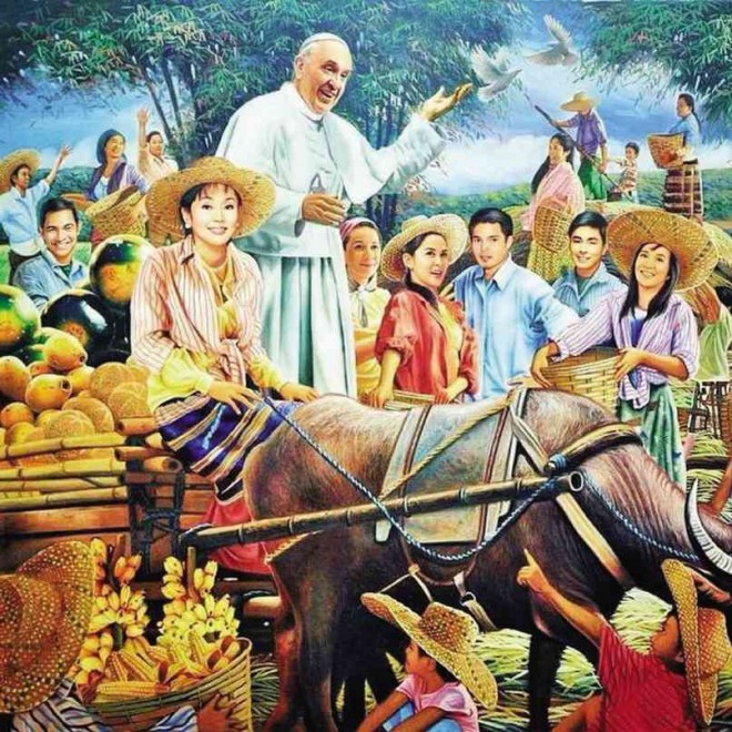 A PHOTO taken from the Facebook page of actor Marian Rivera shows a painting by popular artist Dante Hipolito titled “Salubong,” depicting Pope Francis in a rural setting and being welcomed by some show biz celebrities. PHOTO FROM MARIAN RIVERA’S FACEBOOK fan PAGE