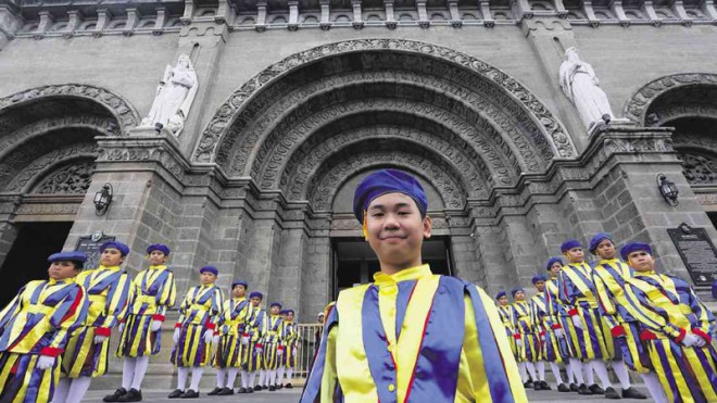 LITTLE SWISS GUARDS  Twenty youngsters from the School of Our Lady of Lasalette in San Jose del Monte, Bulacan province, rehearse for the arrival of Pope Francis at the Manila Cathedral. Like the original Swiss Guards at the Vatican, they will perform guard duties for the Pope.  JOAN BONDOC