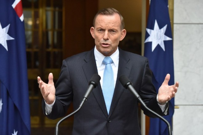 Australian Prime Minister Tony Abbott speaks during a press conference at Parliament House in Canberra on Feb. 9. AFP