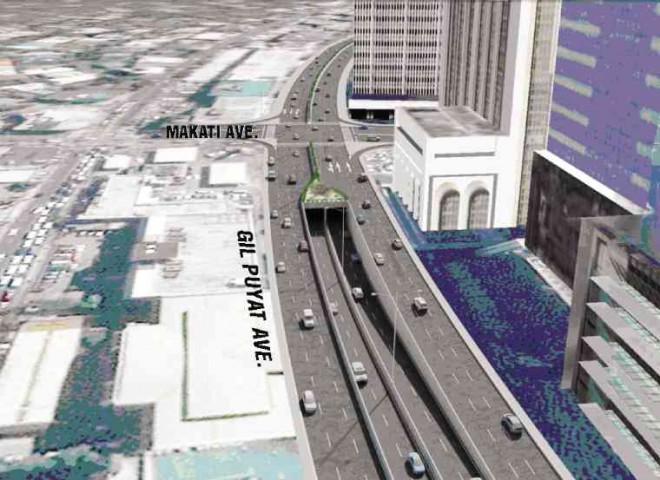RELIEF AT END OF THE TUNNEL An artist’s perspective of the planned P1-billion underpass at the intersection of Makati and Sen. Gil Puyat (formerly Buendia) avenues in the Makati City central business district. The other end will be near Paseo de Roxas. photo: DPWH