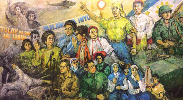 EDSA I MURAL “Filipinos Unite to End Martial Law,” a painting by Angel C. Cacnio depicting the restoration of democracy through people power, is one of 30 murals displayed in “Siningsaysay: Philippine History in Art.” A project of the University of the Philippines and Araneta Center, the exhibit opens in time for the celebration of National Arts Month and will run for two years at Gateway Gallery in Cubao, Quezon City. LARIBA