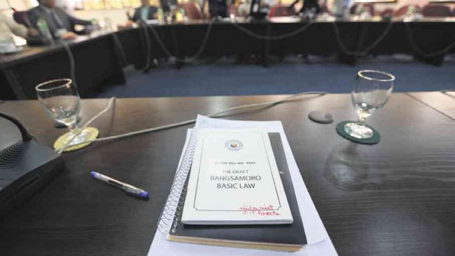 SO WHERE WAS EVERYBODY?  A draft of the Bangsamoro Basic Law lies unread on a table in the House of Representatives after the congressional inquiry on the death of 44 police commandos seems to take precedence; the BBL is tabled in the meantime.  LYN RILLON