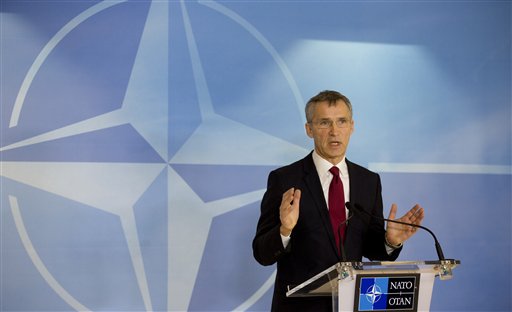 NATO Secretary General Jens Stoltenberg speaks during a media conference at NATO headquarters in Brussels on Thursday, Feb. 5, 2015.  AP