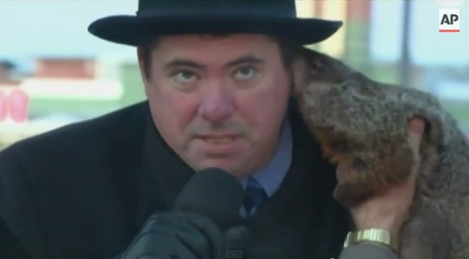 "Jimmy" the groundhog bites the ear of Sun Prairie, Wisconsin Mayor Jonathan Freund. Screengrab from The Associated Press's YouTube account. 