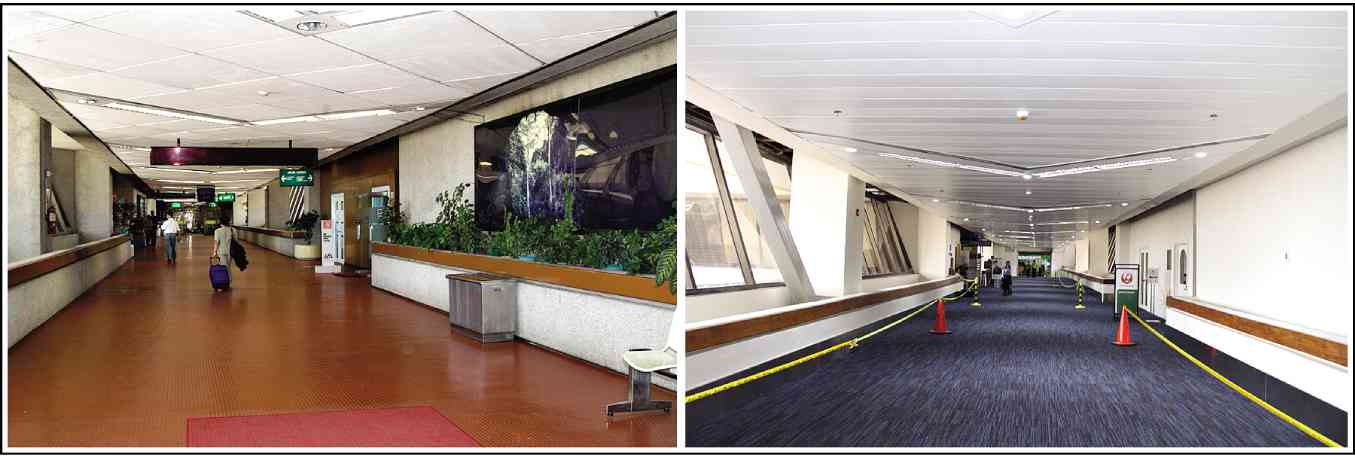 The Manila International Airport Authority has released these pictures to show the transformation of Naia Terminal 1 after renovations started in January last year. Upper photo shows the departure concourse while those below are of the departure lobby. FILE PHOTO