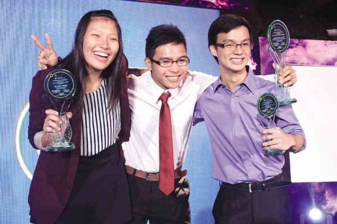 BPI-DOST Science awards recipients (from left):  Imperial of UP Diliman, first runner-up; Best Project of the Year awardee Capirig of Ateneo de Davao; and  Lam of De La Salle University, second runner-up