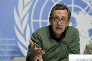 In this Friday, Nov. 7, 2014 file photo, Pierre Formenty, a World Health Organization (WHO) technical officer who specializes in Ebola, speaks during a press conference at the European headquarters of the United Nations in Geneva, Switzerland, describing how the WHO has developed a new protocol to provide information on the safe management of burials of patients who died from suspected or confirmed Ebola virus. AP