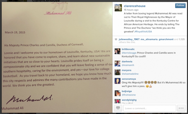 Muhammad Ali's letter to Prince Charles. Screengrab from the Instagram account of Clarence House