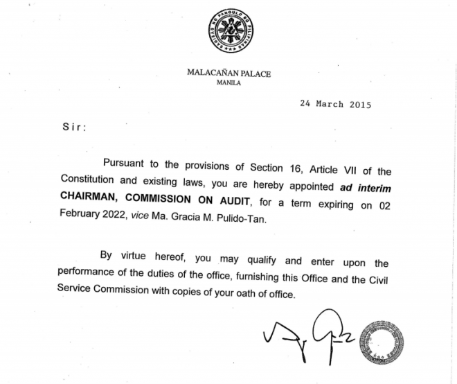 Appointment document of Atty. Michael Aguinaldo signed by President Benigno Aquino III. 
