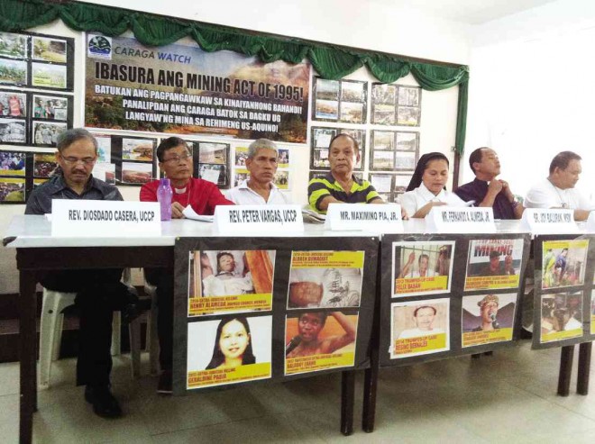 MEMBERS of environmental advocacy group Caraga Watch denounce alleged protection given by the influential political party LP to three mining firms. CONTRIBUTED PHOTO 