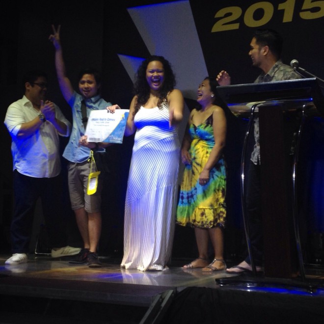 Toby and Amanda onstage with juror Brandie Tan of Publicis JimenezBasic and Y&R ECD Herbert Hernandez and Inquirer AVP for Corp Affairs Connie Kalagayan