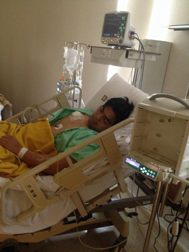 Cavite Vice Governor Jolo Revilla lies in a hospital bed after sustaining gunshot wound in an “accidental shooting.” Photo from the office of Sen. Bong Revilla