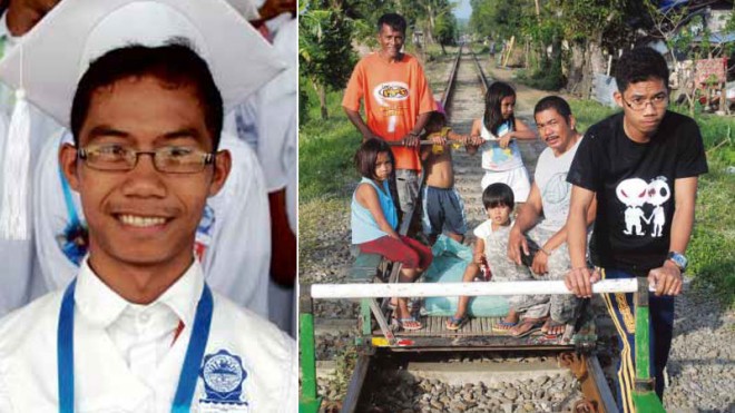 THE GRADUATE Marlo Frias, 16, runs a trolley service (at right) on the railroad tracks in Mayao Crossing, Lucena City, which is his part-time job but pays for his education as a fulltime student at QuezonNational High School. He graduated recently, and is now preparing to go to college. ARNOLD ALMACEN