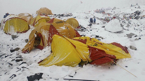 This photo provided by Azim Afif shows the scene after an avalanche triggered by a massive earthquake swept across Everest Base Camp, Nepal on Saturday, April 25, 2015. Afif and his team of four others from the Universiti Teknologi Malaysia (UTM) all survived the avalanche. (Azim Afif via AP)