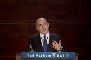 Israeli Prime Minister Benjamin Netanyahu speaks at the opening ceremony of the Holocaust Remembrance Day at the Yad Vashem Holocaust Memorial in Jerusalem, Wednesday, April 15, 2015. AP