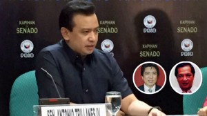 Sen. Antonio Trillanes IV on Monday alleged that Court of Appeals Justices Jose Reyes Jr. (inset left) and Francisco Acosta received a P25-million bribe each to stop the Office of the Ombudsman’s suspension of Makati Mayor Jejomar Erwin “Junjun” Binay Jr. on corruption charges. Trillanes photo from PDI file; Photos of Associate Justices Reyes and Acosta from ca.judiciary.gov.ph/