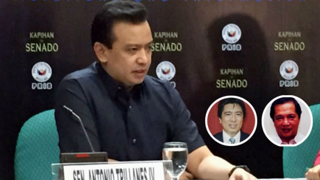 Sen. Antonio Trillanes IV on Monday alleged that Court of Appeals Justices Jose Reyes Jr. (inset left) and Francisco Acosta received a P25-million bribe each to stop the Office of the Ombudsman’s suspension of Makati Mayor Jejomar Erwin “Junjun” Binay Jr. on corruption charges. Trillanes photo from PDI file; Photos of Associate Justices Reyes and Acosta from ca.judiciary.gov.ph