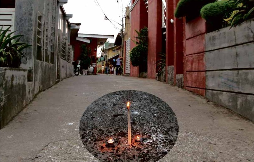 SCENE OF THE CRIME In this composite photo, a candle is lit on the spot in Barangay Balagtas in Batangas City where former INQUIRER correspondent Melinda “Mei” Magsino was felled with a single bullet to her head on Monday. The site is just a few meters from her apartment. RICHARD A. REYES