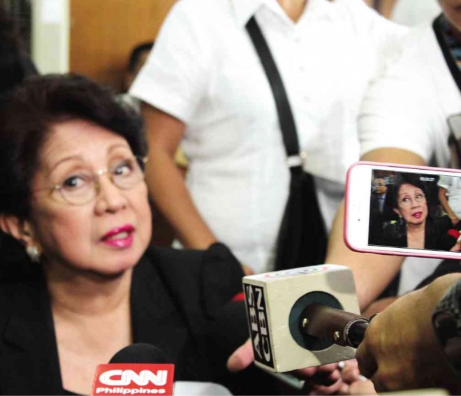 Ombudsman Conchita Carpio-Morales during oral arguments at the Supreme Court in Baguio City. Morales had been accused of abuse for quickly suspending Makati Mayor Junjun Binay, but a justice said she is simply a speed reader. TARRA QUISMUNDO