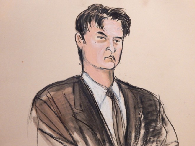This Feb 4, 2015, file courtroom sketch, shows defendant Ross William Ulbricht as the deputy recites the word “guilty” multiple times during Ubricht’s trial in New York. Ulbricht is set to be sentenced Friday, May 29, 2015, after his February Manhattan federal court conviction. (AP Photo/Elizabeth Williams, File)