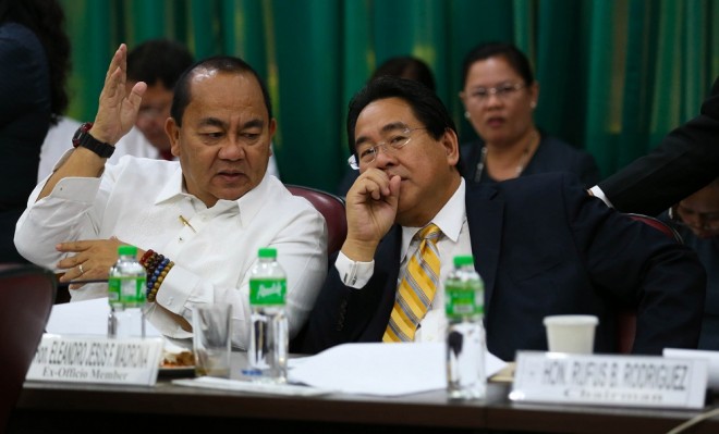 VOTING ON BBL-2ND DAY/MAY 19, 2015 Rep. Eleandro Jesus Madrona with Rep. Rufus Rodriguez (R), chairman of the House ad hoc panel on the Bangsamoro Basic Law, during the second day of voting on the BBL in Congress. INQUIRER PHOTO/LYN RILLON