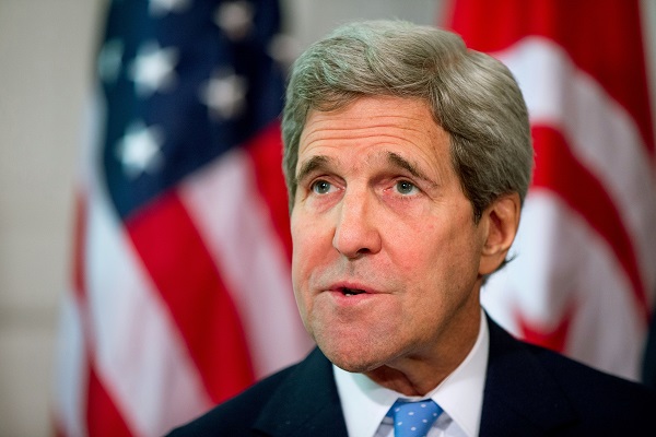 In this May 20, 2015 file photo, Secretary of State John Kerry speaks at the Blair House in Washington. Kerry is in stable condition in a Swiss hospital after suffering a leg injury in a bike crash on Sunday, May 31, 2015. Kerry was flown to Hospital University Geneva and is being evaluated. AP