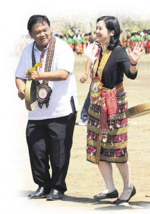 Kalinga Gov. Jocel Baac (left), dances with Viel Aquino-Dee, sister of President Aquino, during the 28th Foundation Day of the province in February. He can’t dance his way out of grave battery charges he faces for punching a government employee. EV ESPIRITU/INQUIRER NORTHERN LUZON 