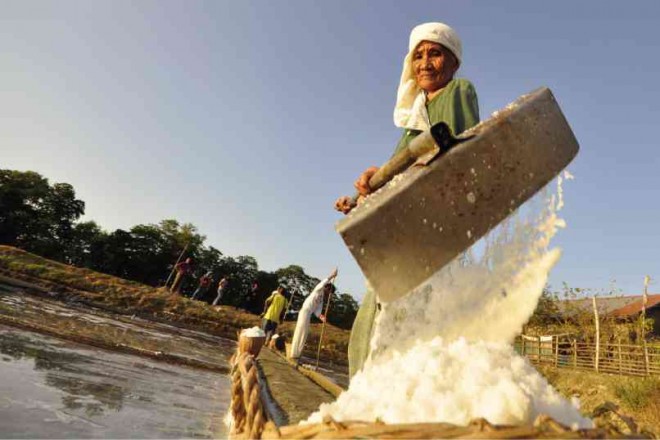 AN OLD WOMAN working in a salt farm in Dasol, Pangasinan province, takes advantage of the intense heat to harvest salt from seawater in several hectares of beds. WILLIE LOMIBAO / INQUIRER NORTHERN LUZON 
