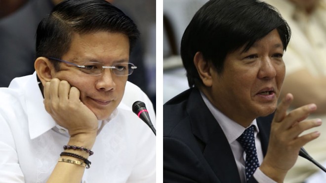 Sen. Francis Escudero (left) says he expects the bicameral committee that will reconcile conflicting versions of the BBL to have a long and hot debate on the centerpiece of Malacañang’s peace agreement with the Moro  Islamic Liberation Front, while Sen. Ferdinand Marcos, chair of the Senate committee on local government, laments that politics prevailed over the people’s interest in the bill approved last week by the House ad hoc committee on the BBL.  INQUIRER PHOTO / NINO JESUS ORBETA