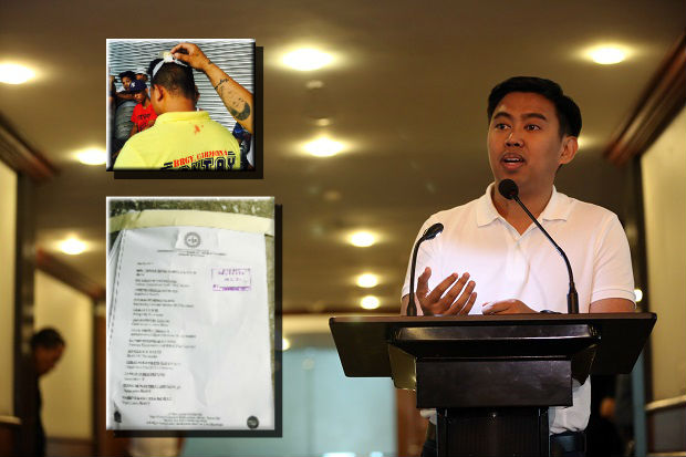 Mayor Junjun Binay, (top inset) a supporter who got injured when the DILG posted the suspension order (bottom inset) at the entrance of the Makati City Hall. INQUIRER FILE PHOTO and INSET PHOTOS BY RUEL PEREZ/RADYO INQUIRER