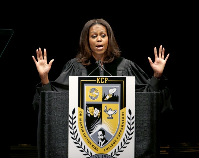 In this June 9, 2015, photo, first lady Michelle Obama delivers the commencement address during graduation ceremonies for the Class of 2015 at Dr. Martin Luther King College Preparatory High School held on the campus of Chicago State University in Chicago. She’s a wife, mother and lawyer, an advocate for children and military families, and first lady of the United States. Now Obama has added a new gig: magazine editor. The first lady is "guest editor" of the July-August issue of More, which bills itself as the magazine for "women of style and substance." AP
