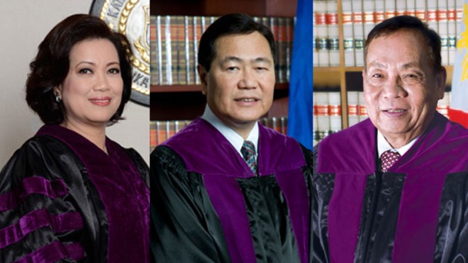 Chief Justice Maria Lourdes Sereno and Associate Justices Antonio Carpio and Martin Villarama Jr. (from left) on Tuesday threw out Makati Mayor Junjun Binay’s bid to remove them from the panel of magistrates that would decide the case that the Office of Ombudsman had filed in the high court to uphold his suspension. sc.judiciary.gov.ph/